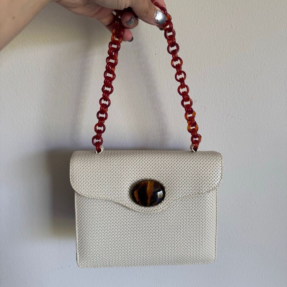 Vintage Murray Kruger White Leather Box Purse Lucite Chain Handle MCM Handbag